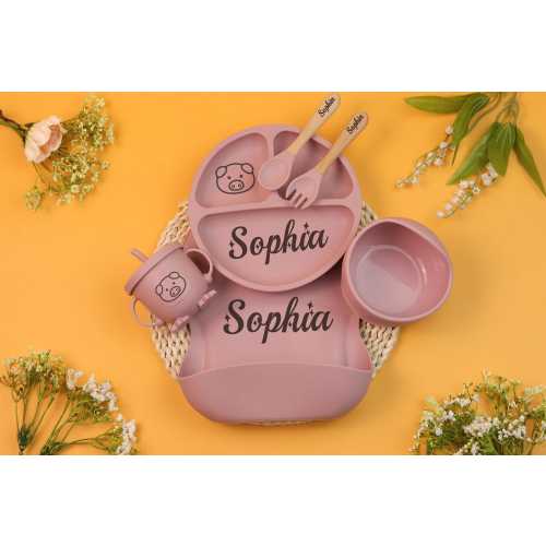 Personalized Silicone Baby Weaning Set, Engraved Silicone Bib, Cartoon Weaning Set for Toddler Baby Kids, Feeding Set with Name