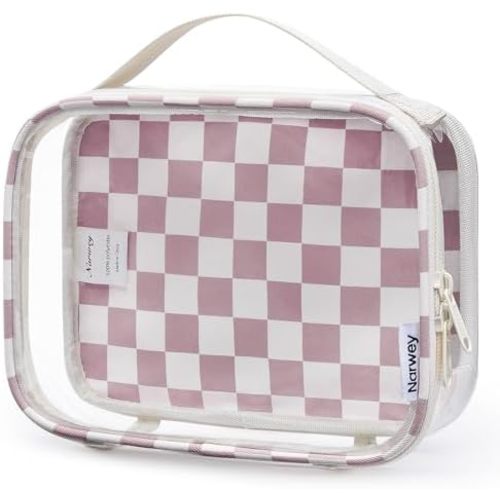 Narwey TSA Approved Clear Toiletry Bag for Travel, Waterproof PVC Clear Makeup Bags, Portable Compact Cosmetic Bag Make Up Organizer, Airport Airline Quart Size Compliant Bag (Dusty Pink Checkerboard)