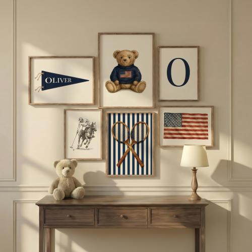 Personalized Preppy Nursery Wall Art Set 6 Prints, Teddy Bear Boy Room Decor, Custom Name Monogram Vintage Sports Digital Download