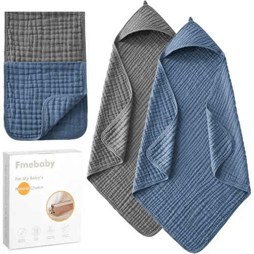 Hooded Baby Towels for Newborn 2 Pack 32x32 Inch Muslin Cotton Baby Bath Towel and 2 Pack Washcloths for Babies, Infant, Toddler and Kids, Soft and Absorbent Newborn Essential(Grey and Blue)