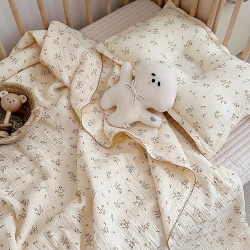 BuLuTu Muslin Baby Blanket for Girls Boys, Olive Pattern,47"x51" | 4-Layer Muslin, Scalloped Edged, Soft Lightweight Swaddle Blankets, Shabby Chic Toddler Nursery Baby Quilt, Shower Gift