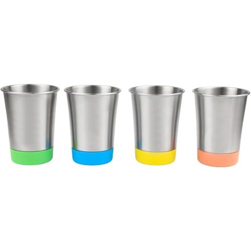 Elk and Friends Stainless Steel Kids + Toddler Drinking Cups | 12oz Tumblers with Colored Base | Durable + Stackable | Travel, Camping + Outdoors | Dishwasher Safe | 4 Pack