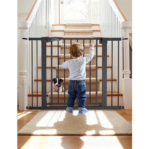 Babelio Baby Gate, 29-43" Auto-Close Easy Install Pet Gate, PressGuard P7 Extra Wide Walk Thru Child Safety Gate, 30" Tall Pressure-Mounted Metal Dog Gate for Doorways & Stairs, Black