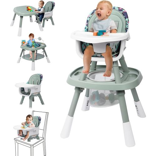 Xilingol 15-in-1 Convertible High Chair, 2-in-1 Baby Highchair & Activity Center W/Toys, Booster Seat | Building Block Table | Toddler Chair W/Removable Tray & 5-Point Harness & 2-Layer Cushion(Green)