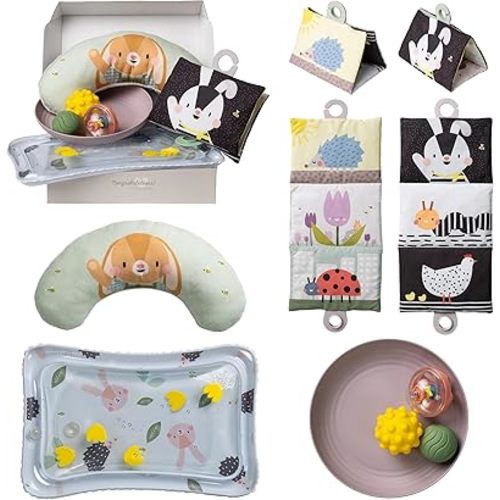 Taf Toys Baby Tummy Time Kit High Contrast Black and White Crinkle Book, Tummy Time Support Cushion, Baby Activity Water Mat, Sensory Balls, Plate - Newborn Infant Sensory Toy Set 0 Month. Gift Set