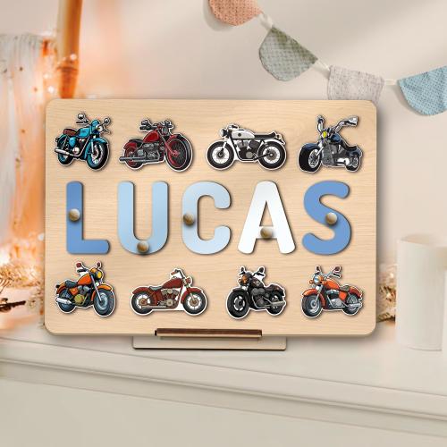 Custom Name Puzzle with Motorcycle, 1st 2nd Birthday Xmas Gift for Baby Boy, Wooden Montessori Toy, Toddler Busy Board, Toy Gift for Boy