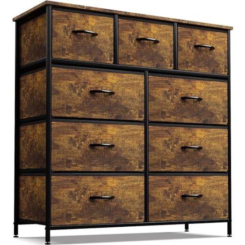 Sorbus Fabric Dresser for Bedroom - Chest of 9 Drawers, Tall Storage Tower, Clothing Organizer, for Closet, for Living Room, Steel Frame, Fabric Bins - Wood Handle (Rustic Wood)