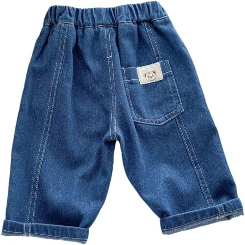 Toddler Boys Baggy Jeans Patchwork Cute Bear Pocket Baby Elastic Waist Denim Pants Aesthetic Trendy Trouser