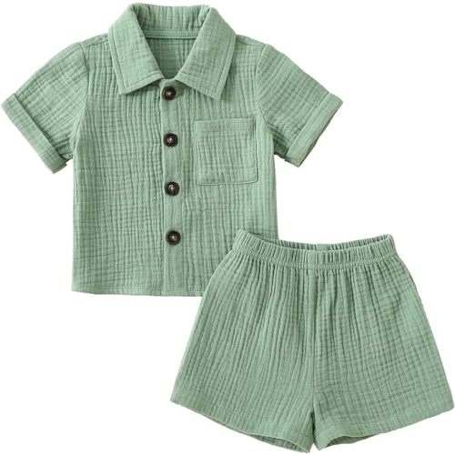 Baby Boys Clothes Set Toddler Infant Boys Button-down Shirt Tops + Cotton Gauze Shorts Summer Outfit 2PCS with Pockets