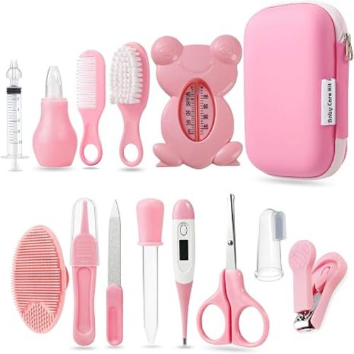 PandaEar Baby Healthcare and Grooming Kit, Baby Safety Set Baby Comb, Brush, Finger Toothbrush, Nail Clippers, Scissors, Nasal Aspirator, Infant Essentials Nursery Care Kit (13-in-1 Pink)