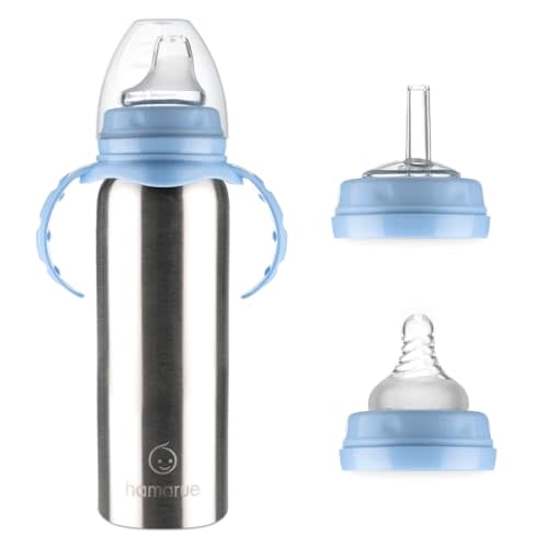 3-in-1 Stainless Steel Newborn Baby Bottle – Grows into Sippy and Straw Cup, Leak-Proof Insulated, Ages 0–4 (Blue, 8, Fluid Ounces)