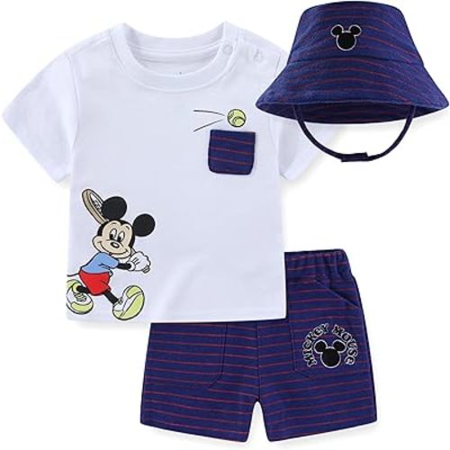Disney Mickey Mouse Baby Boys T-Shirt with Bucket Hat and Short 3 Piece Set for Infant