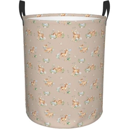 38L Round Laundry Hamper Cute Deers Storage Basket Waterproof Coating Woodland Forest Animals Butterflies And Flowers Organizer Bin For Nursery Clothes Toys