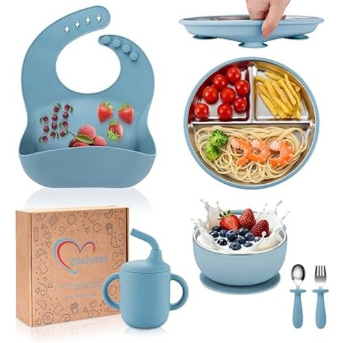 Toddler Plates and Bowls Set Stainless Steel - Bathchef Baby Feeding Set Strong Suction, BPA Free Durable Divided Plates, Safe Self Baby Feeding Utensils,Cup,Spoon,Fork,Dishwasher Safe,6pcs,Blue