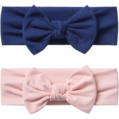 Baby Girl Headbands-Infant,Toddler Cotton Handmade Hairbands with Bows Child Hair Accessories (2, Navy Blue-Powder Pink, 3-36 Month)
