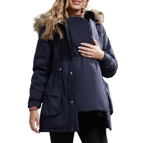 Maacie Maternity Winter Coat,3 In 1 Thickened Jacket,Fleece Lined Warm Hooded Outwear With Pockets