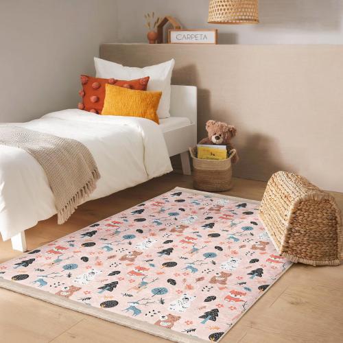Woodland Animals Pink Rug - Forest-Themed Nursery Area Rug - Kids Playroom Accent Carpet - Cute Bear and Leaf Design -Washable Anti-Slip Mat