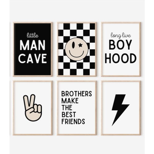 Set of 6, Little Man Cave, Long Live Boyhood, Black White Nursery, Checkered Smiley Poster, Baby Boys Kids Room Decor, shared room decor