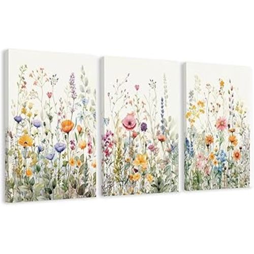 WRFON Wildflower Canvas Wall Art Set of 3, Unframed Botanical Floral Watercolor Prints, Meadow Flower Canvas Artwork for Living Room Bedroom Home Decor 16x24 Inch Each