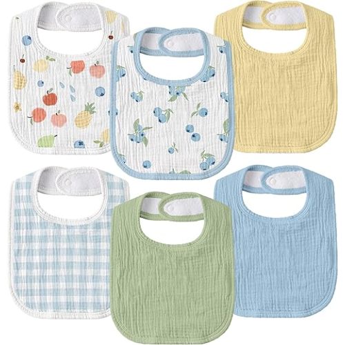 GLLQUEN BABY Muslin Drool Bibs for Boys Girls 6 Pack, Adjustable Baby Bibs for Drooling and Teething, Soft Cotton Baby Bandana Bib for Newborn Feeding Essentials (Azure Berry Dream)