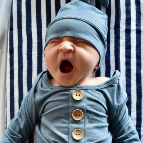 Caden Lane Bamboo Baby Knot Gown & Hat - Solid Dusty Blue, Newborn