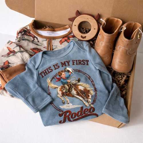 First Rodeo Gift Bundle Western Newborn Set Cowboy Style Blue Sleeper Country Design Infant Package Shower Present Rustic Charm Cowboy Theme