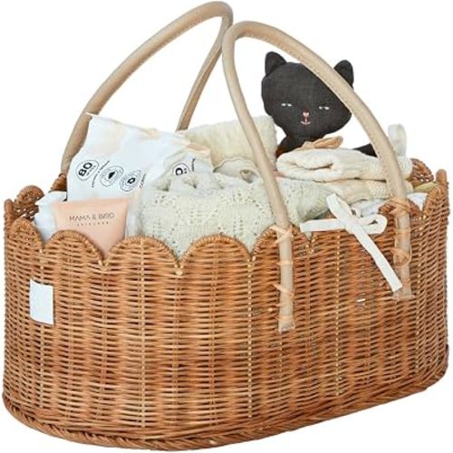 BEBE BASK Premium Baby Diaper Caddy Organizer - Scalloped Rattan Basket