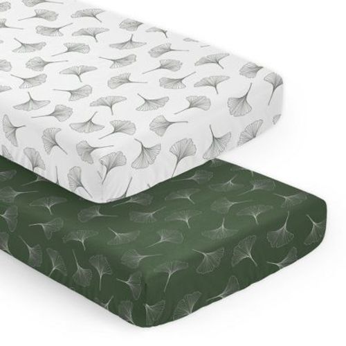 Sweet Jojo Designs Boy, Girl, Unisex/Gender Neutral Fitted Crib Sheets Set Woodland Ginkgo Leaf Green and White 2pc