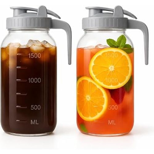 | 2 Pack | 64oz | Glass Pitcher with Lid Wide Mouth, 2 Quart (1.9 Liter) Mason Jar Pitcher with Lid and Spout, Leakproof Water Jug for Water, Juice, Tea, Iced Coffee, Milk Storage, Grey