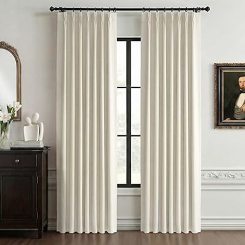 100% Blackout Shield Linen Look Textured Pinch Pleated Curtains Blackout Drapes 84 Inch Long 2 Panels Set, Faux Linen Blackout Curtains for Bedroom & Living Room, 40" W x 84" L, Beige White