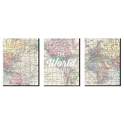 Big Dot of Happiness World Awaits - Nursery Wall Art, Kids Room Decor and Travel Map Home Decorations - Gift Ideas - 7.5 x 10 inches - Set of 3 Prints