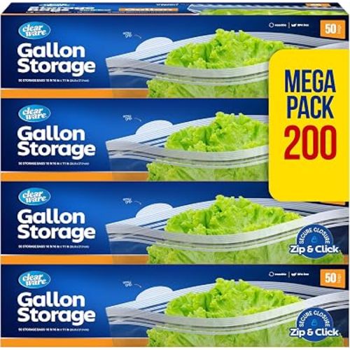 Double Zipper Storage Bags, Gallon Size - 200 Count, (4 packs of 50), Reusable Thick Food Plastic Storage Bags - Microwave-Safe, BPA Free - Resealable Containers for Lunch, Snacks, Meals