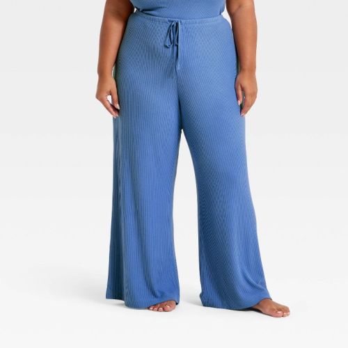 Women's Cozy Ribbed Wide Leg Pants - Auden™ Summer Blue XL Tall