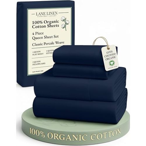 LANE LINEN Eco Friendly 100% Organic Cotton Bed Sheets Queen Size, Soft & Comfy Percale Weave, Fully Elasticized Mercerized Naturally Cooling Cotton Sheets Queen Size Set- Navy