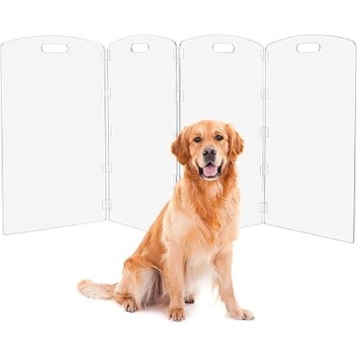 Modern Frame Clear Acrylic Freestanding Dog Gate - 32" Tall Extra-Wide Folding 4-Panel Pet Barrier for Doorways, Stairs & Large Openings, Indoor Fence for Small to Large Dogs & Cats