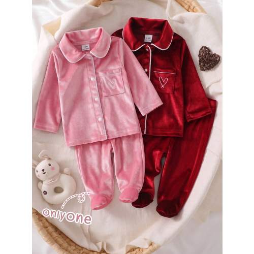 SHEIN Newborn Pink Sweet Cute Bow Pattern Long Pants Long Sleeve Casual Comfortable 2-Piece Set Loungewear