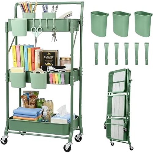 Amatic 3-Tier Folding Rolling Utility Cart with Wheels, Metal Foldable Storage Cart Organizer with 3 Hanging Cups & 6 Hooks for Kitchen, Office, Living Room, Nursery(Green)