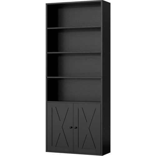 Shintenchi Bookshelf, Industrial Bookshelves and Bookcases with Doors Floor Standing 6 Shelf Display Storage Shelves 70.6 inches Tall Bookcase for Home Office, Living Room (Black)