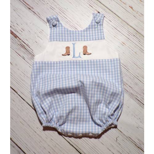 Cowboy Baby Bubble Romper, Monogrammed Gingham Romper