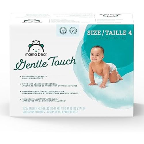 Amazon Brand - Mama Bear Gentle Touch Baby Diapers, Fragrance-Free, Size 4, 148 Count (4 packs of 37), with Skin Protection and Leak Protection
