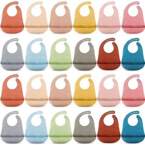 Tioncy 24 Pcs Silicone Bibs for Babies Toddlers Waterproof Adjustable Soft Durable Feeding Baby Bibs Gifts with Food Catcher for Kindergarten Nursery Preschool Children
