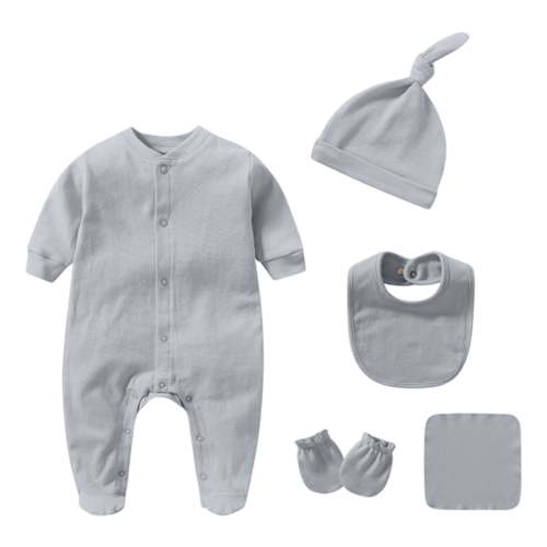 Rhuody Newborn Romper For Boys 3-6 Months Long Sleeve Bodysuit Solid Color Crewneck Button Onesies Comfortable Wear Grey