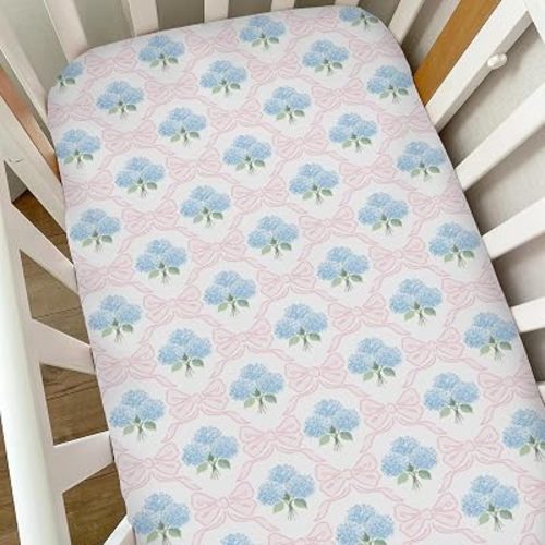 Preppy Bows Floral Baby Crib Sheets for Boy Girl Blue Hydrangea Pink Bows Soft Fitted Crib Mattress Covers for 52''x28'' Standard Crib & Toddler Mattress Pastel Hydrangea Flowers Bed Sheets