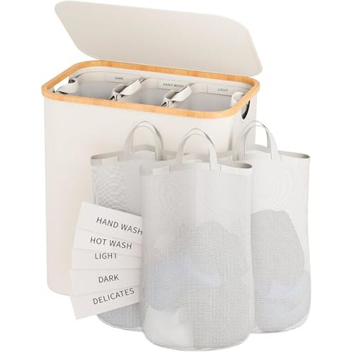 Laundry Hamper with Lid, 160L Dirty Clothes Hamper for Laundry Basket 3 Section, Extra Large Laundry Sorter Hamper 3 Compartment with Removable Inner Bags & Labels, Beige