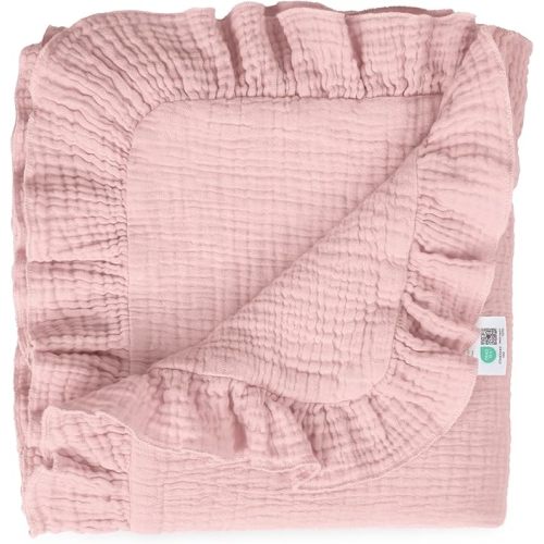 lulumoon Muslin Ruffle Baby Blanket - Soft Breathable 100% Cotton Newborn Wrap for Stroller Travel & Car Seat - Ideal for Photography & Nursery Decoration 40"x36"(Pink Heart)