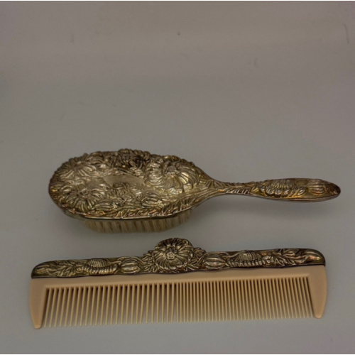 Vintage Silver Plated Floral Brush & Comb Set