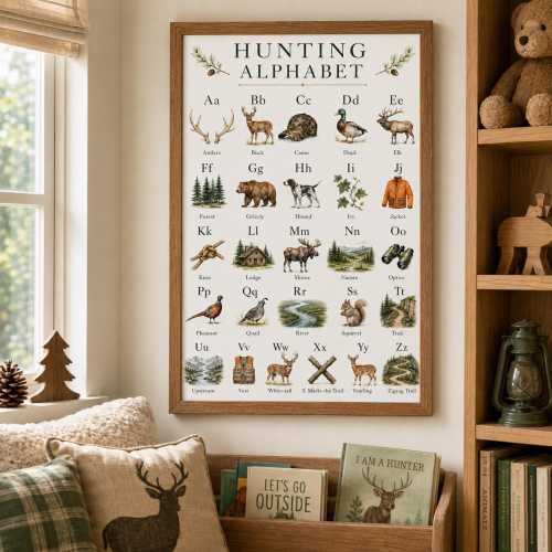 Hunting Alphabet Poster, Woodland Nursery Wall Art, Outdoor ABC Learning Print, Rustic Hunting Nursery Decor, Little Hunter Baby Room Poster