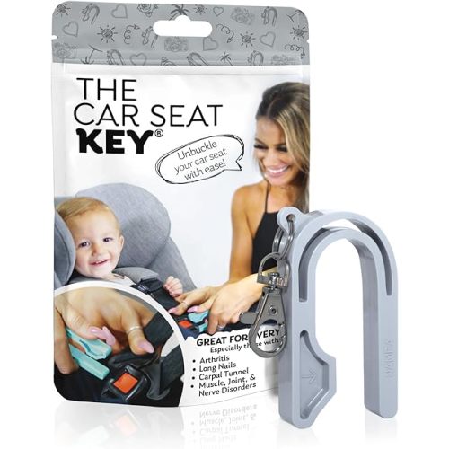 The Car Seat Key - Original Car Seat Key Chain Buckle Release Tool - Easy Unbuckle Opener Aid for Nails, Parents, Grandparents & Older Children by NAMRA Made in USA (Grey)