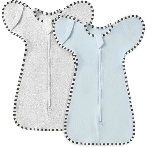 Soft Cotton Swaddle Blanket, Arms Up Baby Sleep Transitional Swaddle Sack Wearable Sleeping Bag for Boy Girl (Light Blue + Light Grey, M(3-6 Months))