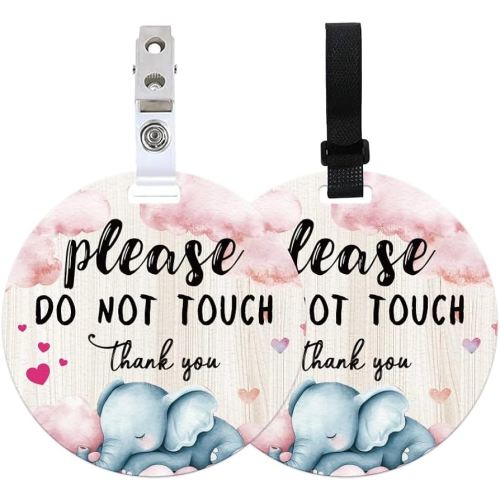 2 Pack Cute Elephant No Touching Signs Pink Stop No Touching Safety Sign for Family PVC Seat Signs-Stroller Tag with Hanging Strap and Clip for Car Accessories 5 Inches